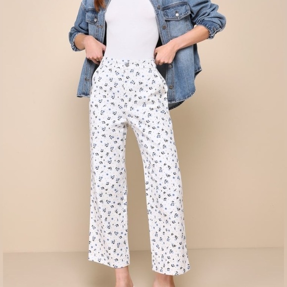 Lulus Pants - Lulus Everyday Personality Ivory Floral Print Twill High Rise Pants Size S NWT